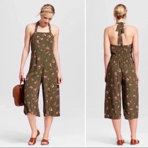 Olive Green Halter Wide Leg Crop Jumpsuit
